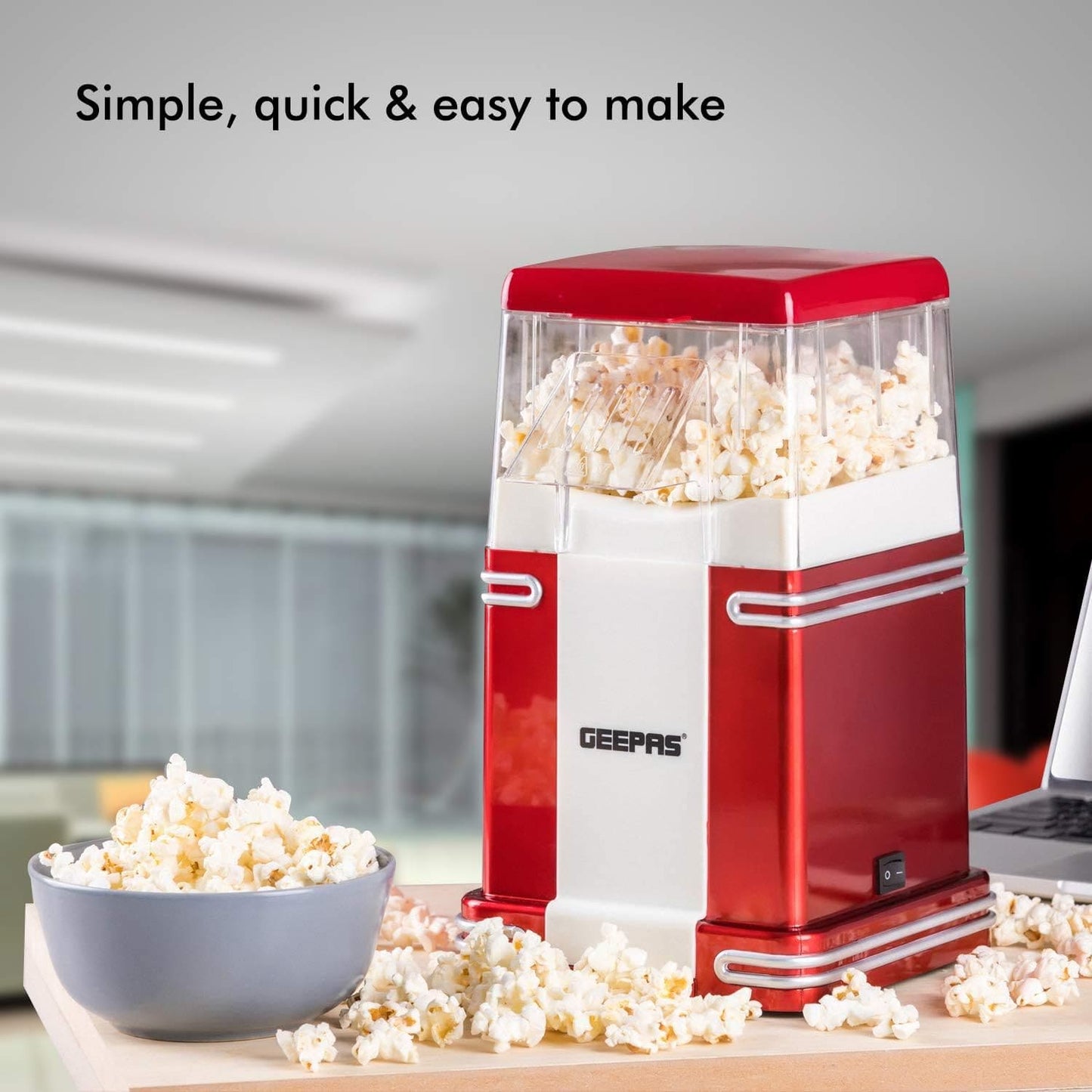 Geepas 1200W Electric Popcorn Maker Machine | Makes Hot, Fresh, Healthy and Fat-Free Theater Style Popcorn Anytime | On/Off Switch, Attractive Design & Oil-Free Popcorn Popper - 2 Years Warranty