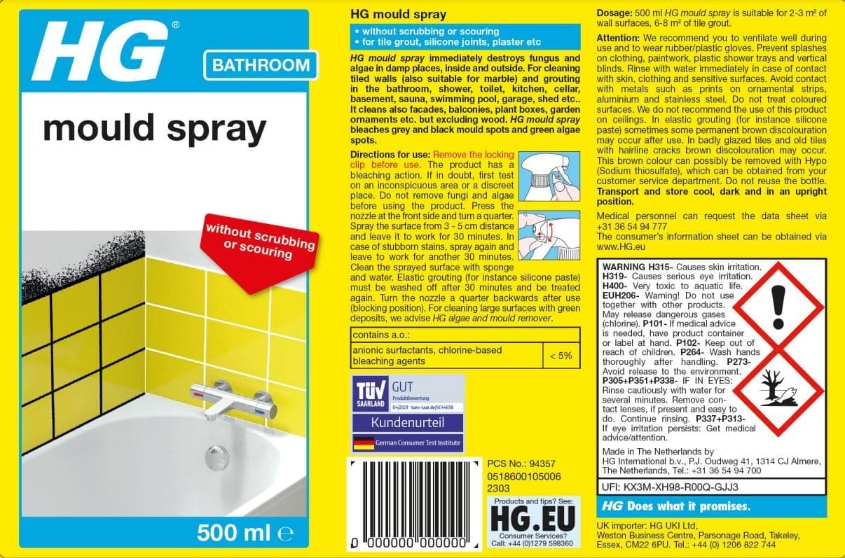 HG Mould Spray, Effective Mould Spray & Mildew Cleaner, Removes Mouldy Stains From Walls, Tiles, Silicone Seals & More - 500ml