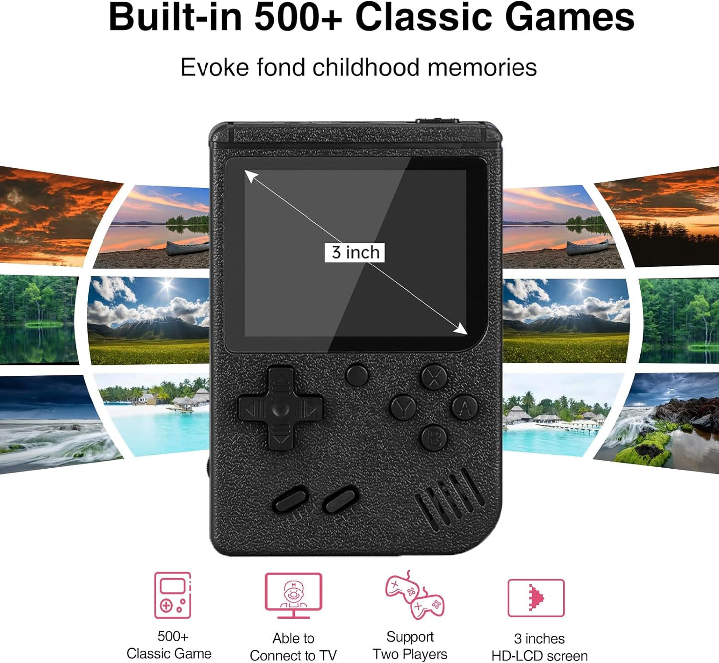 Handheld Game Console, 3.0 Inch Screen, Retro Mini Games Console 500+ Classic FC Games, Support Up to 2 Players & TV Ideal Christmas or Birthday Gift