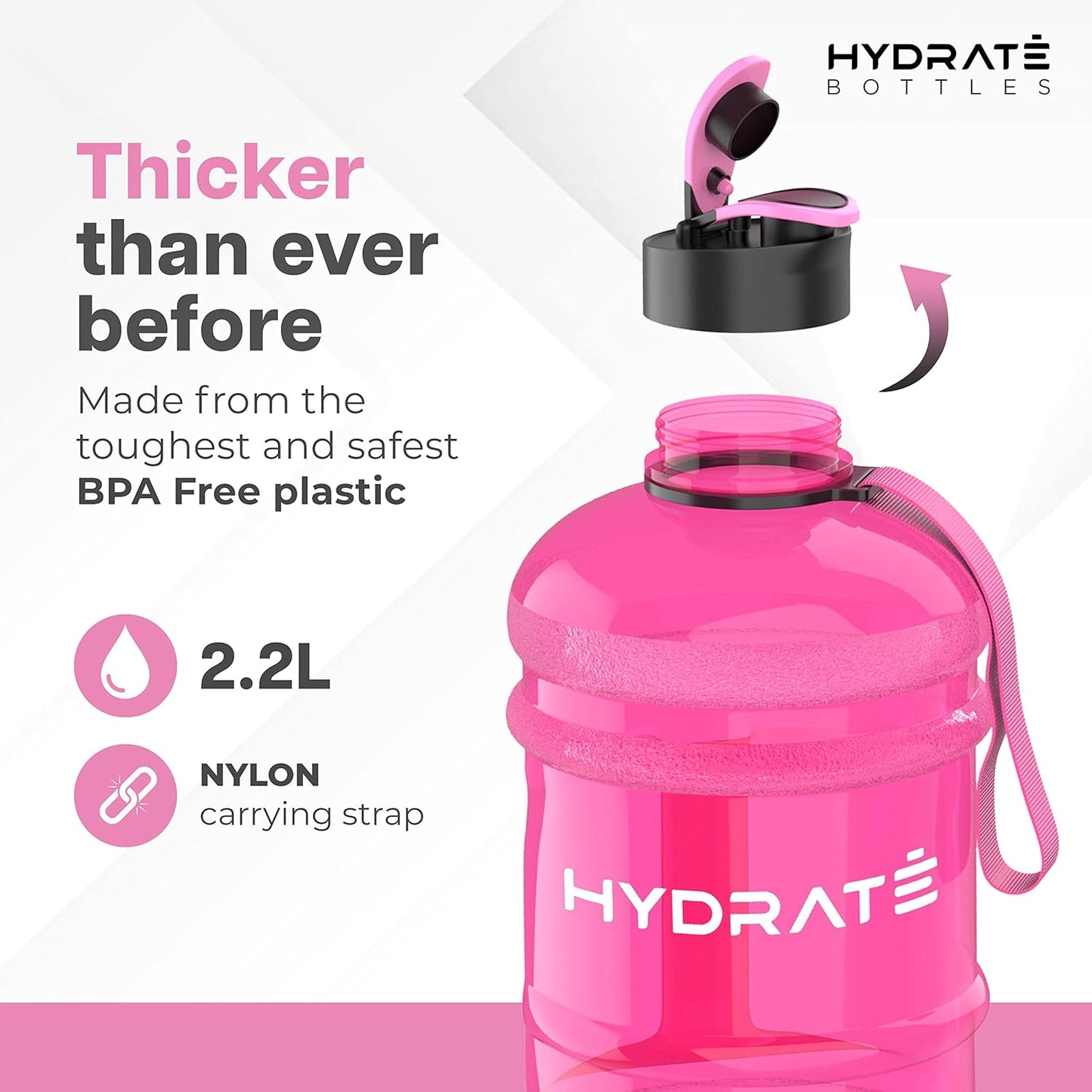 HYDRATE XL Jug Half Gallon Water Bottle with Nylon Carrying Strap & Leak-Proof Flip Cap - 2 Liter Water Jug - Large Capacity for Gym, Workouts, Sports, Running, Jogging, Travel - Matte Nude (74 oz)