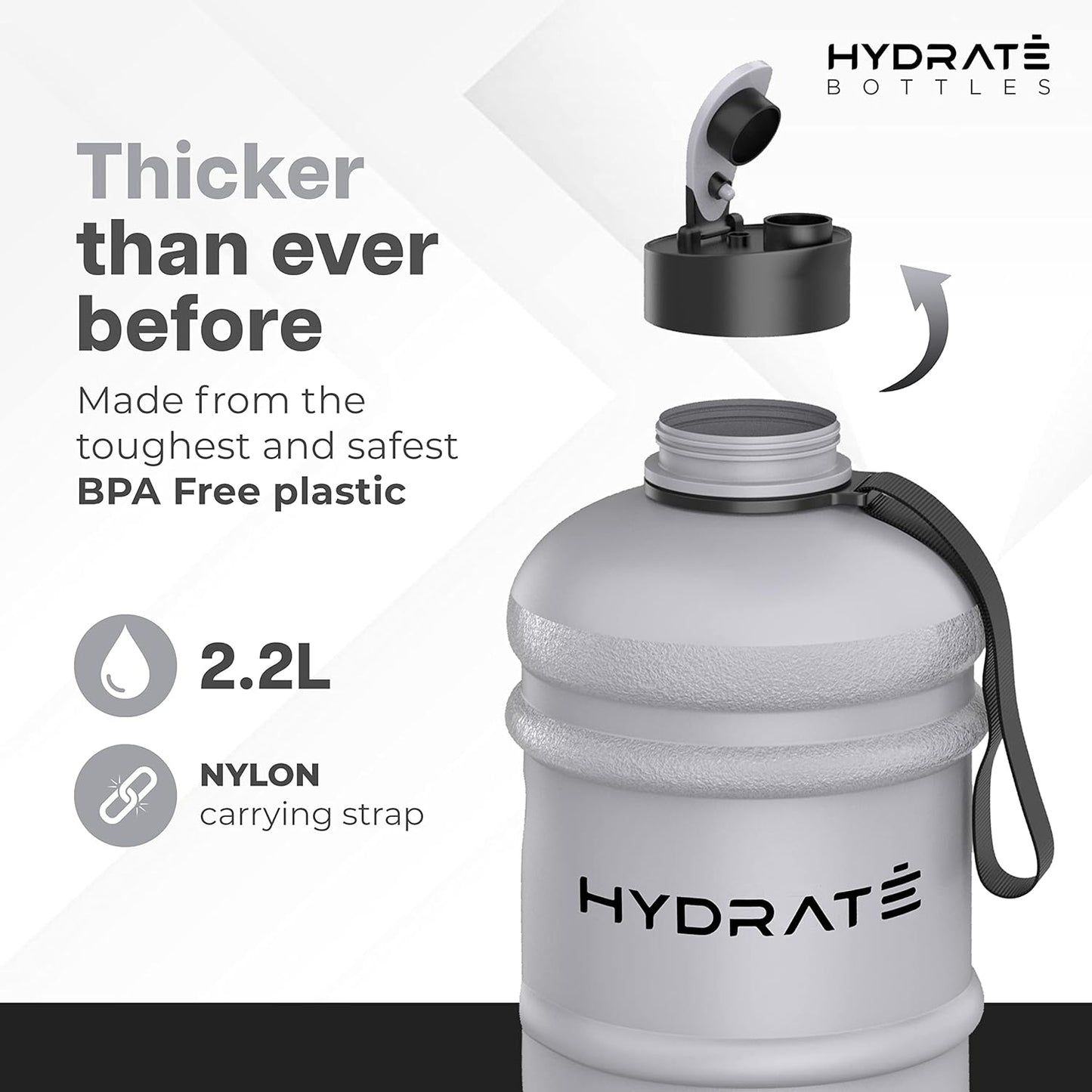 HYDRATE XL Jug Half Gallon Water Bottle with Nylon Carrying Strap & Leak-Proof Flip Cap - 2 Liter Water Jug - Large Capacity for Gym, Workouts, Sports, Running, Jogging, Travel - Matte Nude (74 oz)