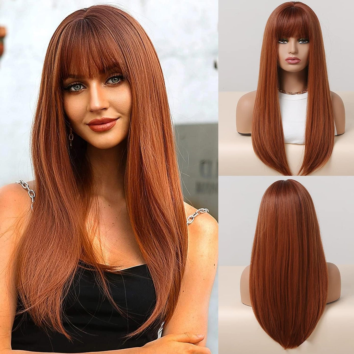 Kellynee Ombre Dark Brown Wig with Bangs - Dark Ginger Long Wavy Wigs for Women, Dark Roots, Natural Realistic Hair, Best Synthetic Heat Resistant Wigs for Daily/Halloween/Party/Cosplay