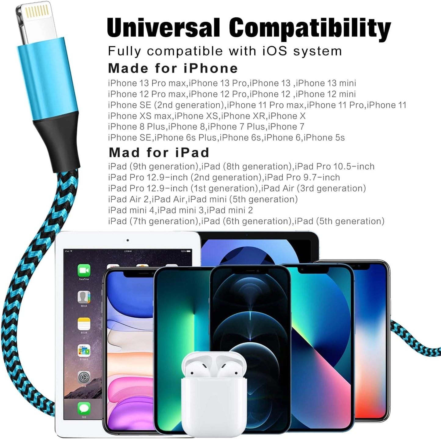 iPhone Charger Cable 3Pack 6FT/1.8M Lightning Cable Nylon Braided MFi Certified Apple iPhone Charger Cables USB Long iPhone Charging Lead For iPhone 14 pro max 14 pro 13 12 11 XS X XR 8 7 6 plus