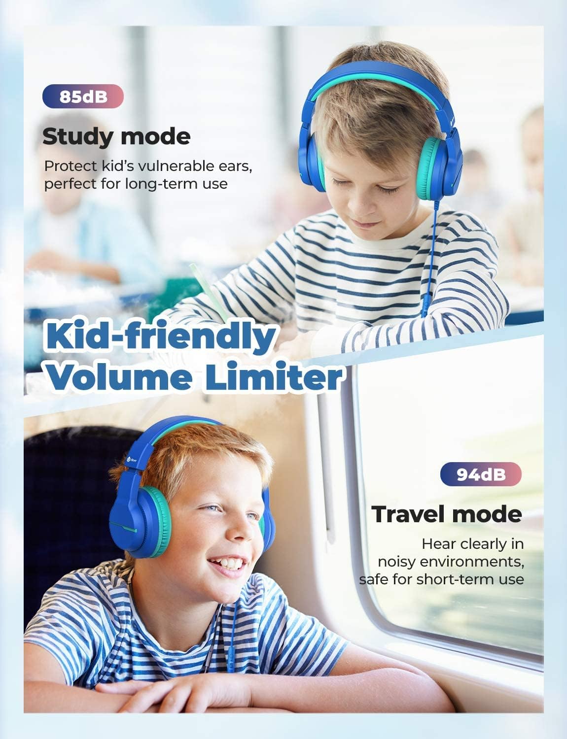 iClever HS19 Kids Headphones Over Ear, HD Stereo Headphones with Microphone for Children, Volume Limiter 85/94dB, Sharing Function, Foldable Headphones for School/Travel/Phone/Kindle/PC/MP3