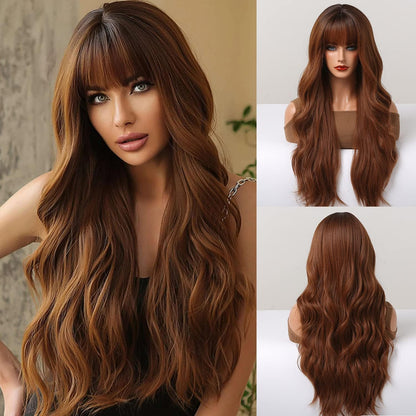 Kellynee Ombre Dark Brown Wig with Bangs - Dark Ginger Long Wavy Wigs for Women, Dark Roots, Natural Realistic Hair, Best Synthetic Heat Resistant Wigs for Daily/Halloween/Party/Cosplay