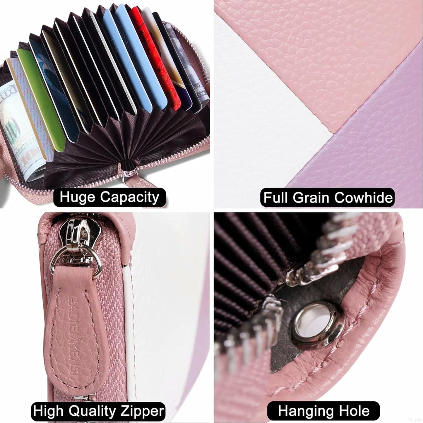 Womens Credit Card Holder Small RFID Blocking Ladies Wallet with Stainless Steel Zipper Excellent Genuine Leather Accordion Wallets Case for Women ID Compact Slim Blocked Zip Accordian Cards Pink