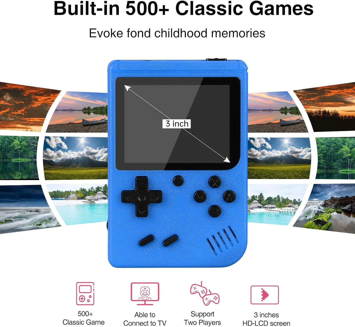 Handheld Game Console, 3.0 Inch Screen, Retro Mini Games Console 500+ Classic FC Games, Support Up to 2 Players & TV Ideal Christmas or Birthday Gift