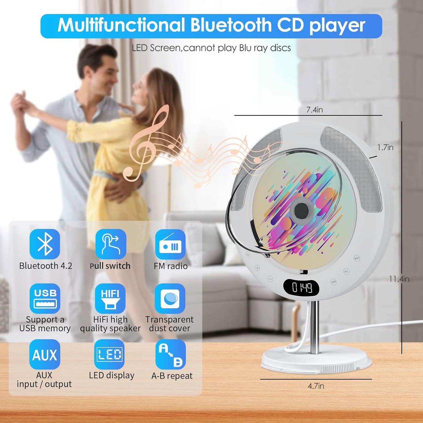 Gueray Bluetooth CD Player with Touch Buttons Wall Mounted CD Player Desktop Music CD Players for Home, Bulit-in Double HiFi Speakers, LED Screen, FM Radio, AUX Input Output