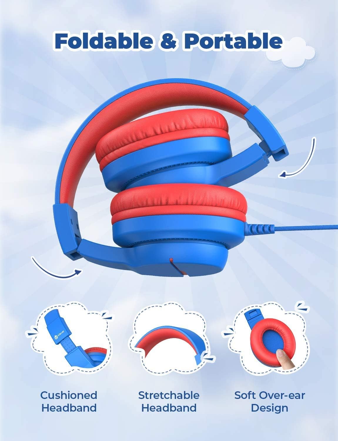 iClever HS19 Kids Headphones Over Ear, HD Stereo Headphones with Microphone for Children, Volume Limiter 85/94dB, Sharing Function, Foldable Headphones for School/Travel/Phone/Kindle/PC/MP3