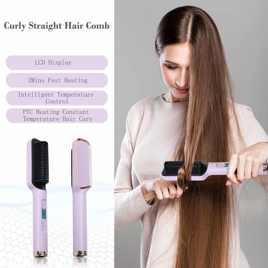 Hair Straightener, Hair Straightener Brush 2 Minutes Fast Heating LCD Display, Temperature Adjustment 80-230°C Smooth Hair Curl, Negative Ion Straightener Comb, 360° Rotating Power Cord(Gray)