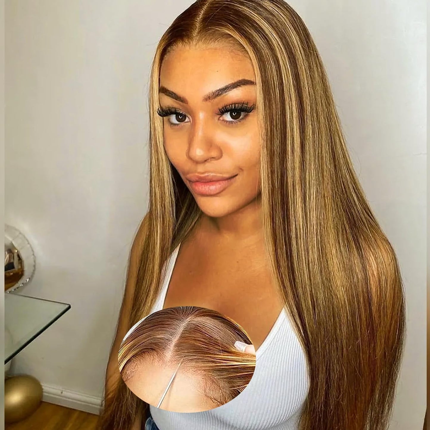 HD Lace Glueless Wig Wear and Go Brazilian Straight Lace Wigs For Women ShowJarlly No Glue 5x5 Lace Pre Cut Wig Human Hair Wigs chocolate brown mixed honey blonde wig 180% Density 18 Inch 4/27