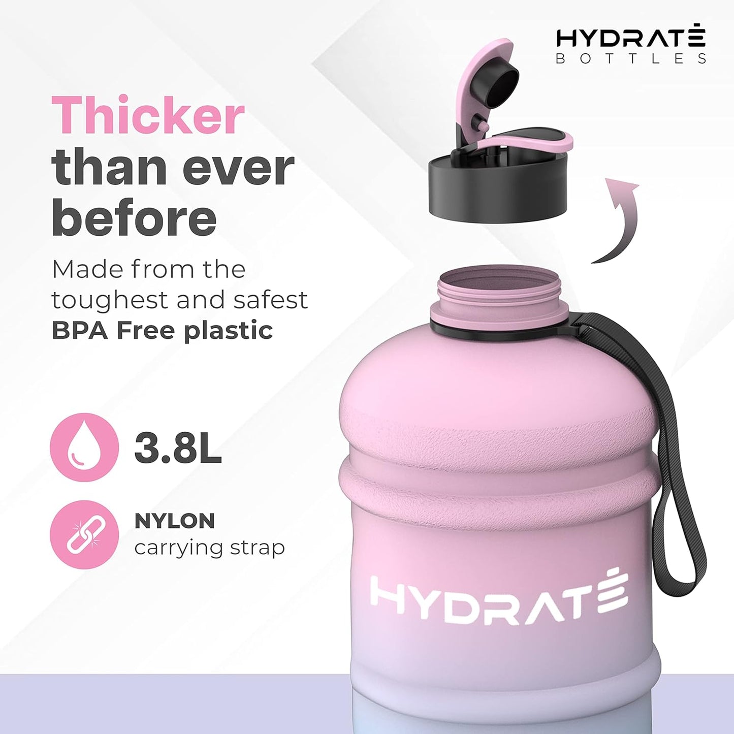 HYDRATE XL Jug Half Gallon Water Bottle with Nylon Carrying Strap & Leak-Proof Flip Cap - 2 Liter Water Jug - Large Capacity for Gym, Workouts, Sports, Running, Jogging, Travel - Matte Nude (74 oz)