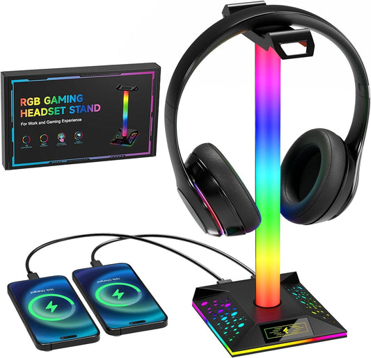 Hcman Headphone Stand Gaming Headset Holder RGB PC Gaming Accessories for Desk, Cool LED Headset Stand with 2 USB Charger for Gamer, Black