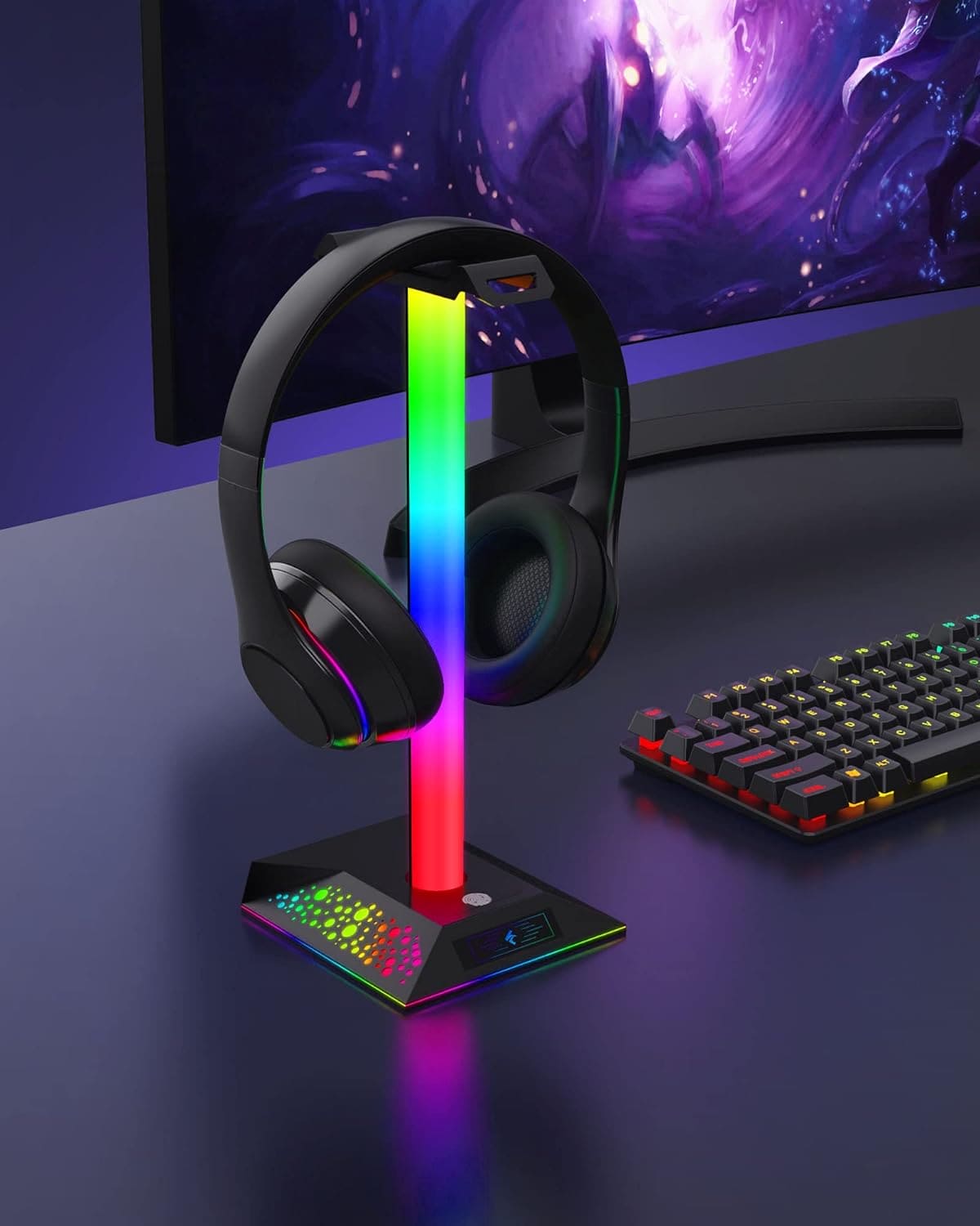 Hcman Headphone Stand Gaming Headset Holder RGB PC Gaming Accessories for Desk, Cool LED Headset Stand with 2 USB Charger for Gamer, Black