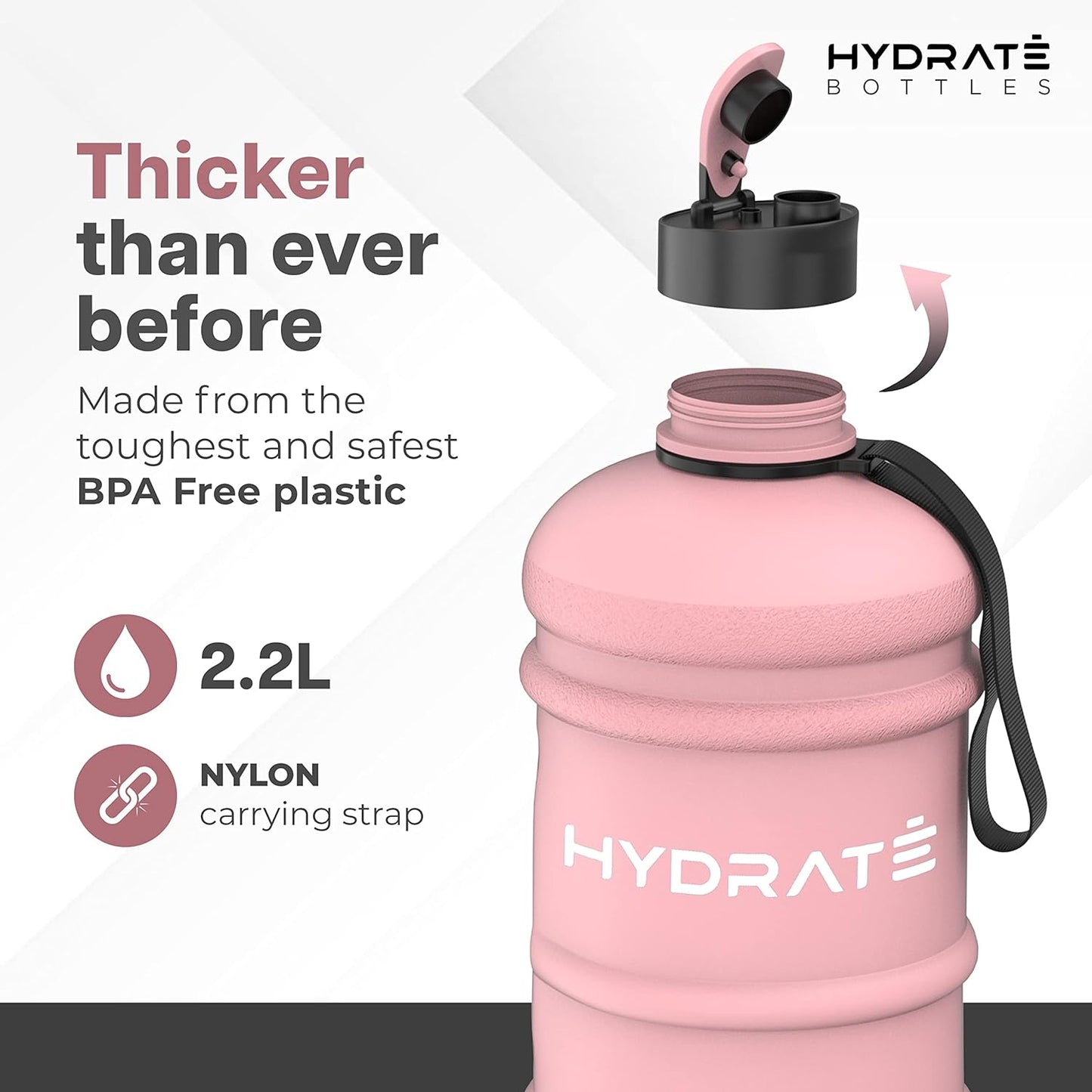 HYDRATE XL Jug Half Gallon Water Bottle with Nylon Carrying Strap & Leak-Proof Flip Cap - 2 Liter Water Jug - Large Capacity for Gym, Workouts, Sports, Running, Jogging, Travel - Matte Nude (74 oz)