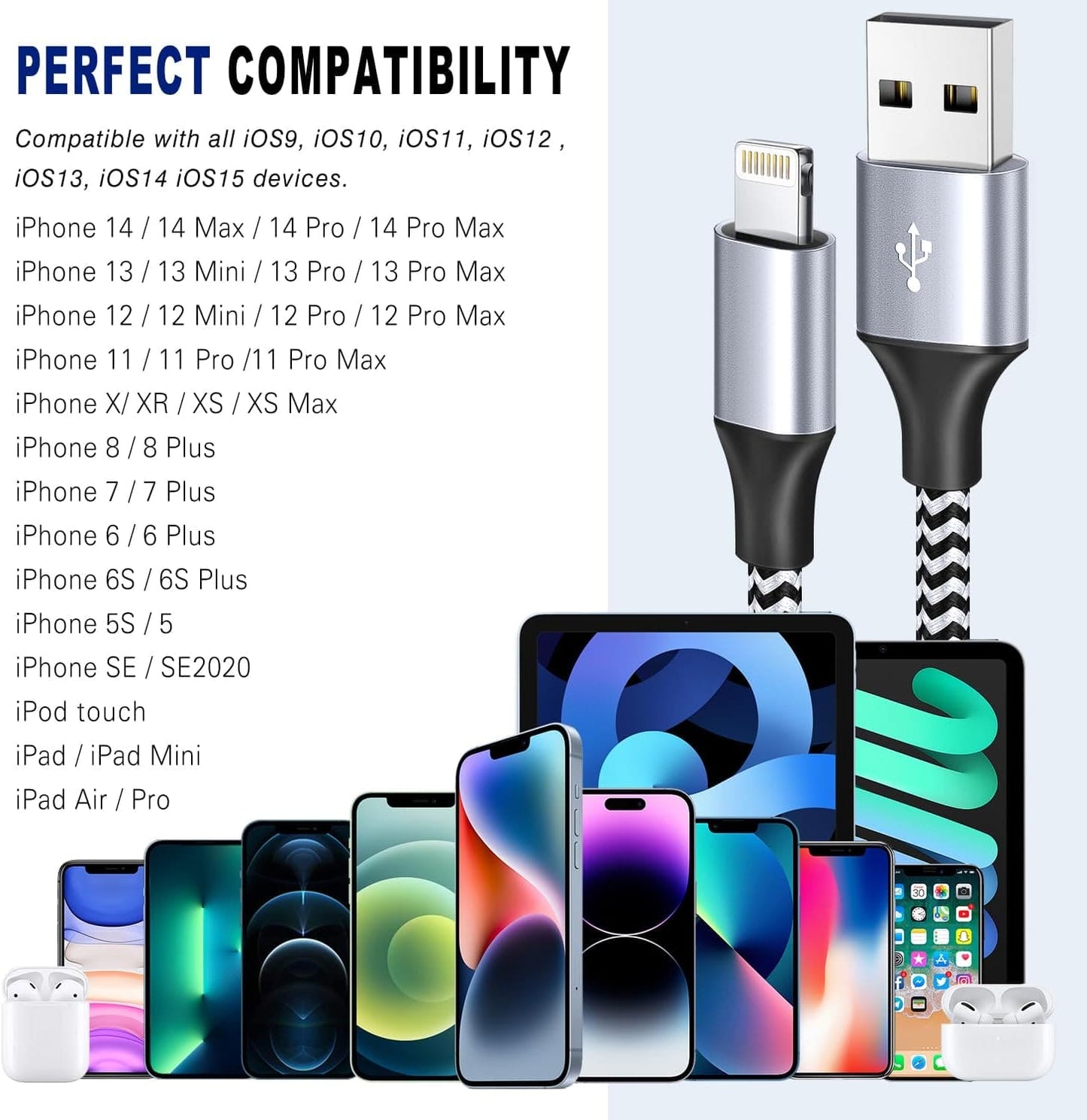 iPhone Charger Cable 1.8M 3Pack, Apple Charger Cable MFi Certified Lightning Cable Nylon Braid iPhone Cable Fast Charging Compatible With iPhone 14 13 12 11 XS XR X Pro Max Mini 8 7 6S 6 Plus 5S SE