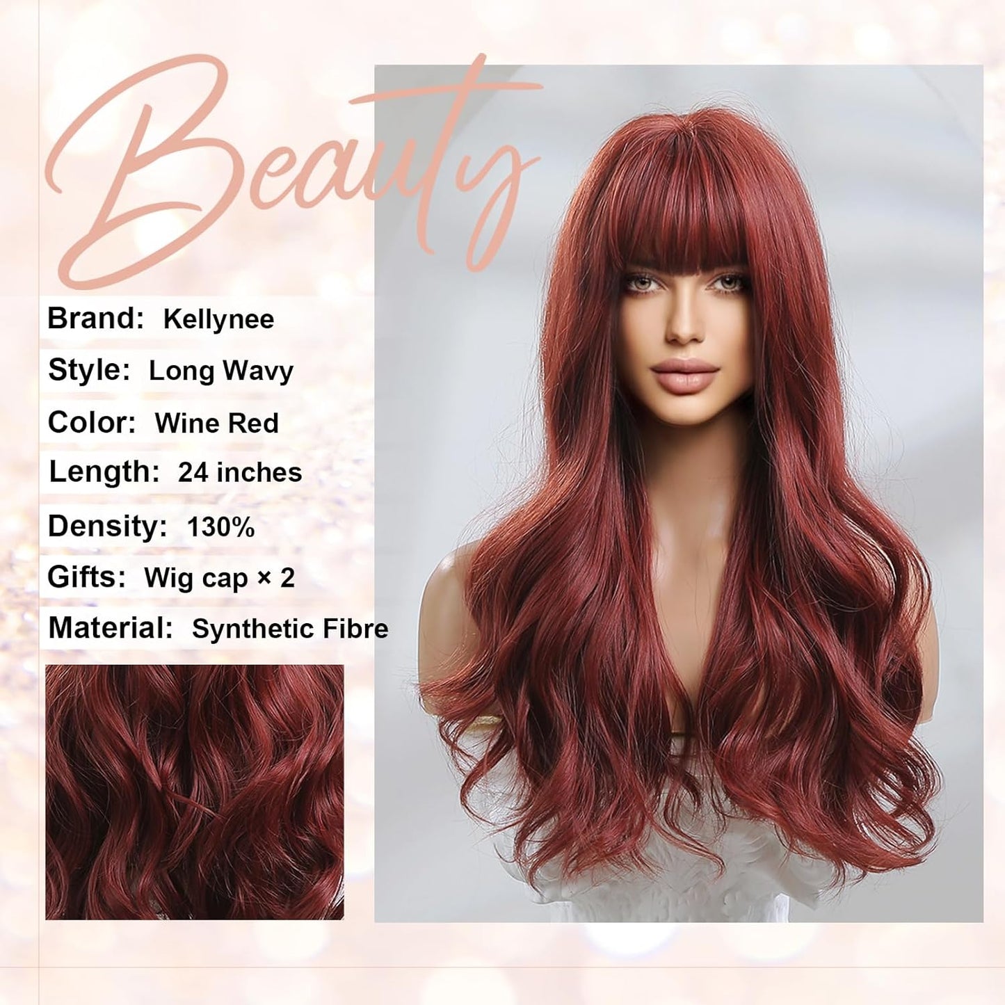 Kellynee Ombre Dark Brown Wig with Bangs - Dark Ginger Long Wavy Wigs for Women, Dark Roots, Natural Realistic Hair, Best Synthetic Heat Resistant Wigs for Daily/Halloween/Party/Cosplay