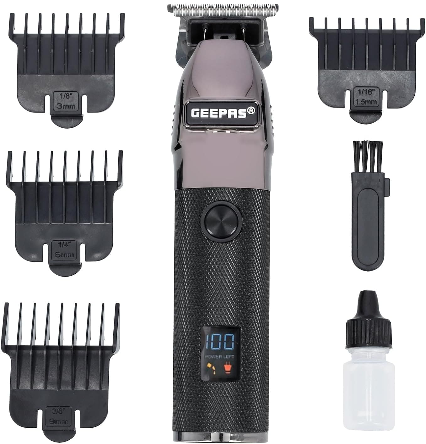 Geepas Hair Clipper – Electric Stubble Beard Trimmer, Hair Clipper – Creates Fine Lines Contours - Cordless Electric Hair Clipper – USB Rechargeable Battery, LED Display – 1.5/3/6/9 mm Guide Comb