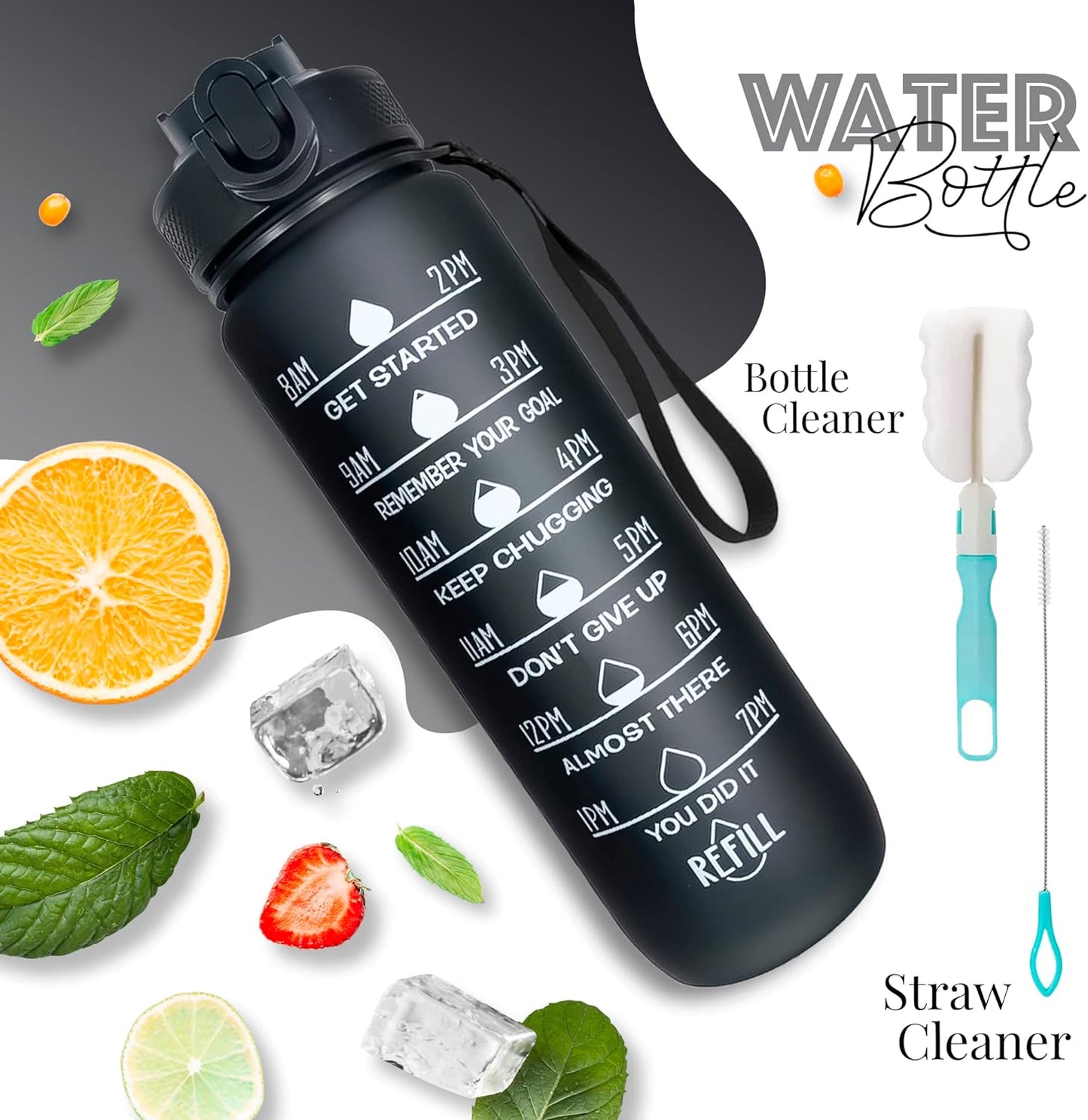 K-MART Water Bottle 1000ml Sports Water Bottle with Motivational Time Marker & Straw, Dishwasher Safe Leak-proof Drink Bottle BPA Free Non-Toxic Tritan Material 1 Click Open for Running Gym