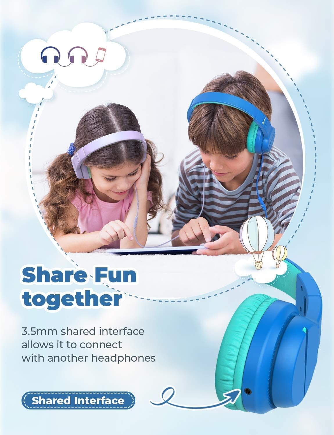 iClever HS19 Kids Headphones Over Ear, HD Stereo Headphones with Microphone for Children, Volume Limiter 85/94dB, Sharing Function, Foldable Headphones for School/Travel/Phone/Kindle/PC/MP3