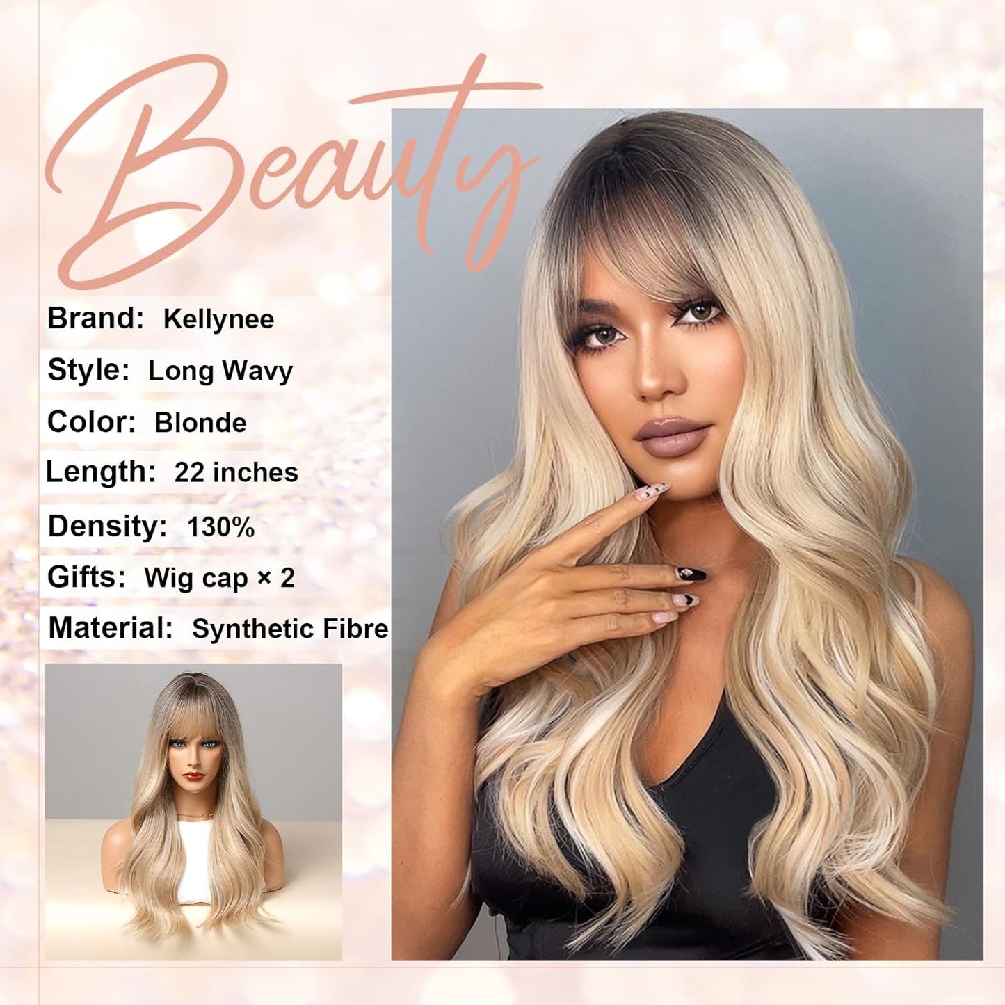 Kellynee Ombre Dark Brown Wig with Bangs - Dark Ginger Long Wavy Wigs for Women, Dark Roots, Natural Realistic Hair, Best Synthetic Heat Resistant Wigs for Daily/Halloween/Party/Cosplay