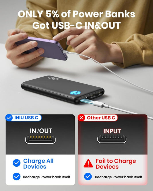 INIU Power Bank, Portable Charger 10000mAh Slimmest & Lightest High-Speed USB C Input & Output, PowerBank Triple 3A Phone Battery Pack for iPhone 15 14 13 12 11 X Pro Max Samsung Xiaomi iPad