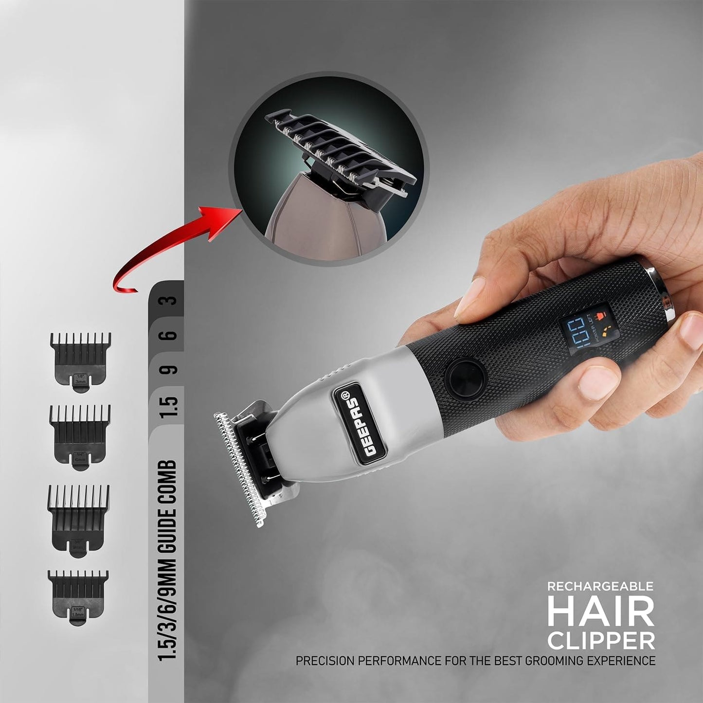 Geepas Hair Clipper – Electric Stubble Beard Trimmer, Hair Clipper – Creates Fine Lines Contours - Cordless Electric Hair Clipper – USB Rechargeable Battery, LED Display – 1.5/3/6/9 mm Guide Comb