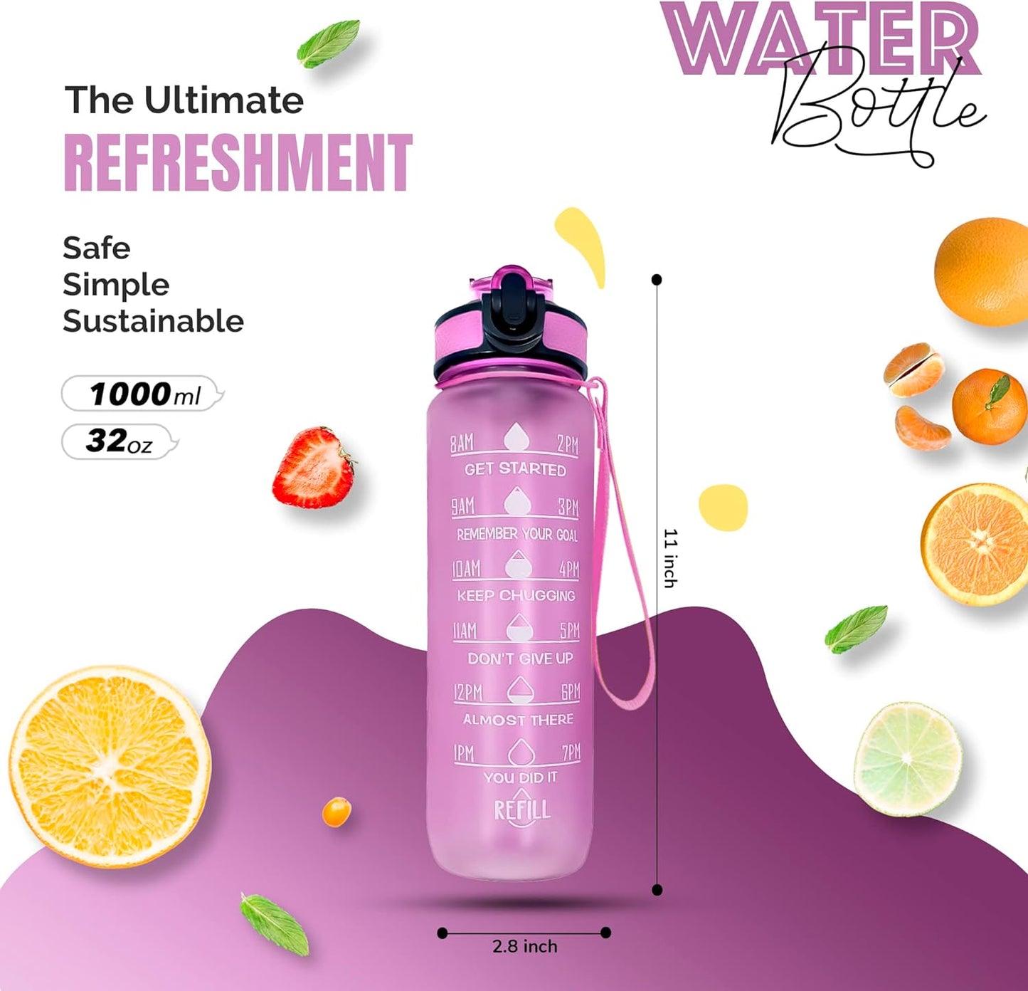 K-MART Water Bottle 1000ml Sports Water Bottle with Motivational Time Marker & Straw, Dishwasher Safe Leak-proof Drink Bottle BPA Free Non-Toxic Tritan Material 1 Click Open for Running Gym