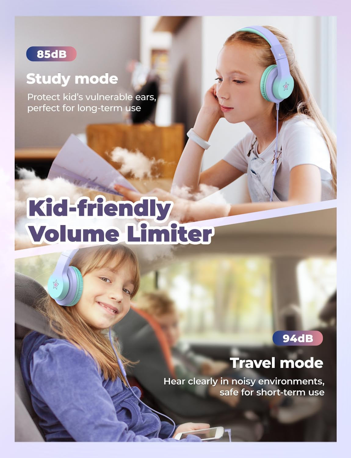 iClever HS19 Kids Headphones Over Ear, HD Stereo Headphones with Microphone for Children, Volume Limiter 85/94dB, Sharing Function, Foldable Headphones for School/Travel/Phone/Kindle/PC/MP3