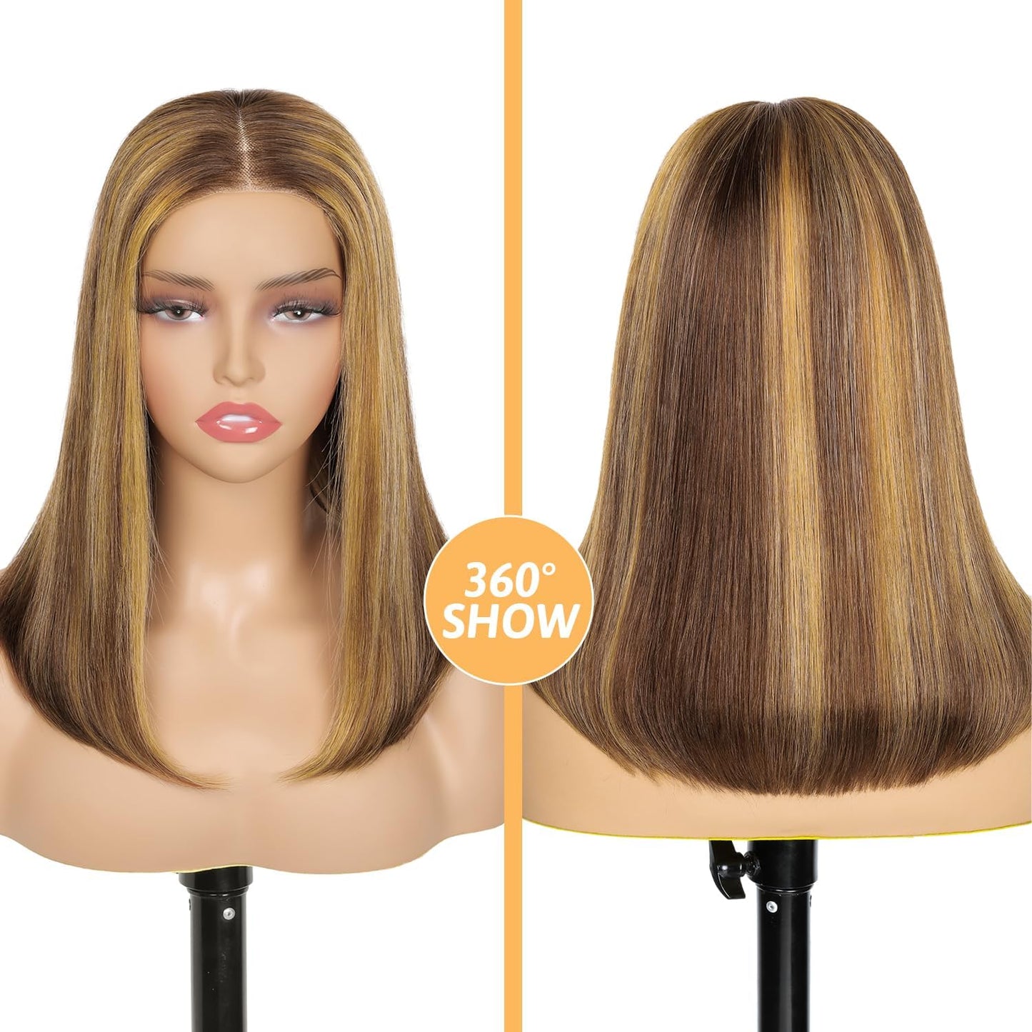 HD Lace Glueless Wig Wear and Go Brazilian Straight Lace Wigs For Women ShowJarlly No Glue 5x5 Lace Pre Cut Wig Human Hair Wigs chocolate brown mixed honey blonde wig 180% Density 18 Inch 4/27