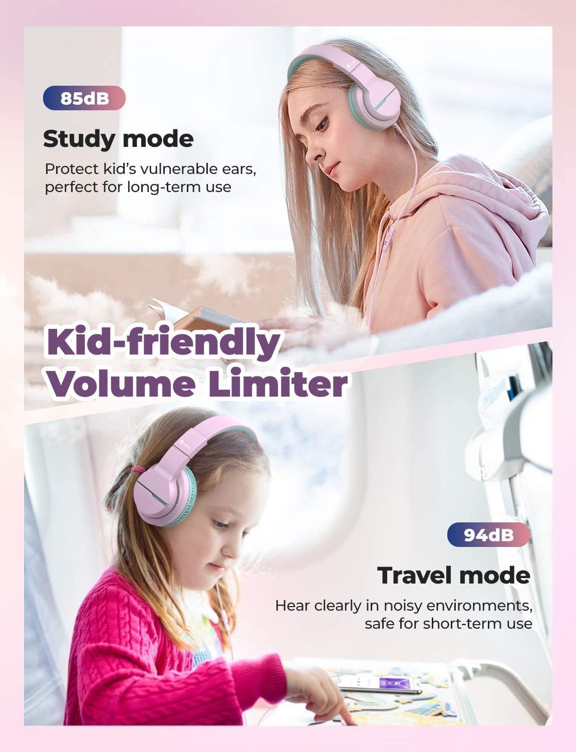 iClever HS19 Kids Headphones Over Ear, HD Stereo Headphones with Microphone for Children, Volume Limiter 85/94dB, Sharing Function, Foldable Headphones for School/Travel/Phone/Kindle/PC/MP3