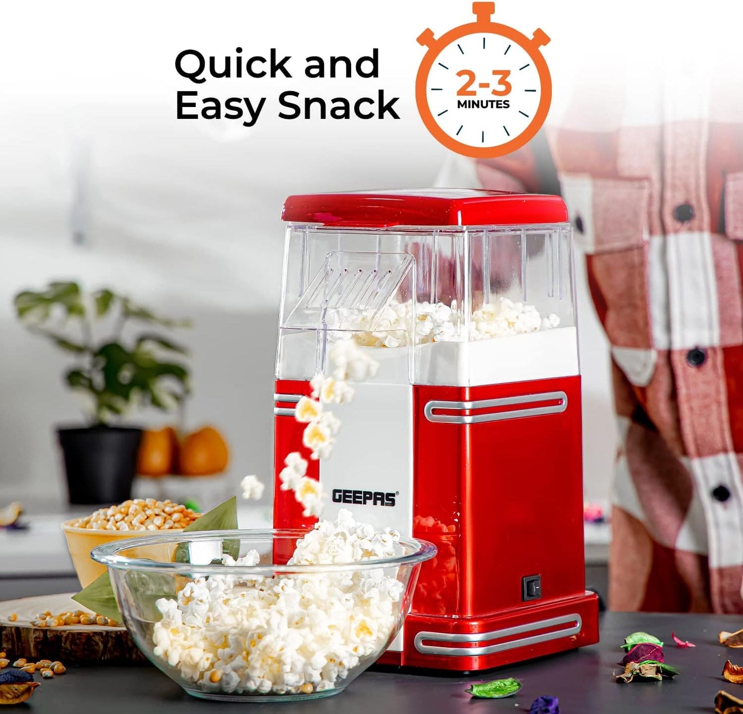 Geepas 1200W Electric Popcorn Maker Machine | Makes Hot, Fresh, Healthy and Fat-Free Theater Style Popcorn Anytime | On/Off Switch, Attractive Design & Oil-Free Popcorn Popper - 2 Years Warranty