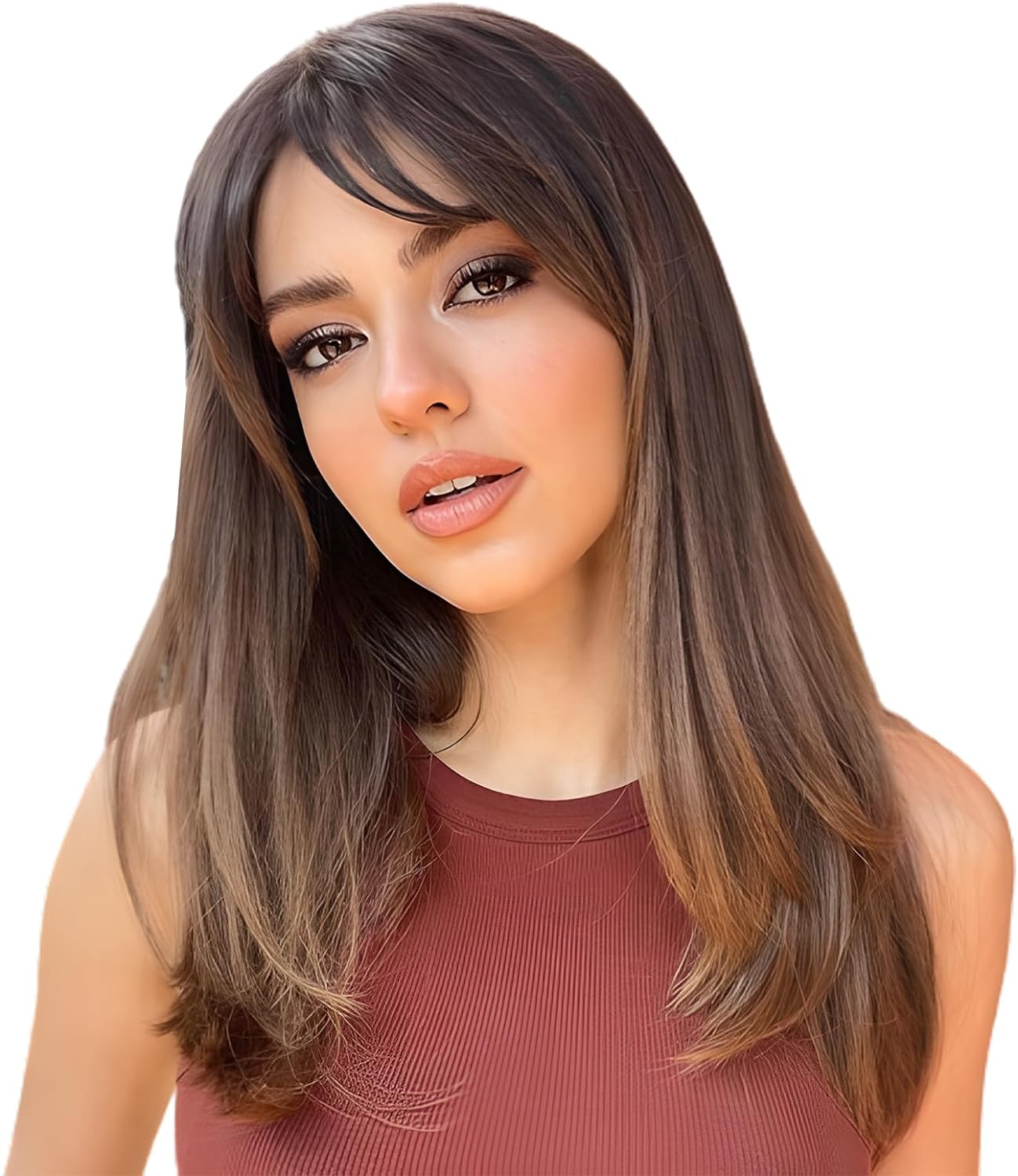 Kellynee Ombre Dark Brown Wig with Bangs - Dark Ginger Long Wavy Wigs for Women, Dark Roots, Natural Realistic Hair, Best Synthetic Heat Resistant Wigs for Daily/Halloween/Party/Cosplay