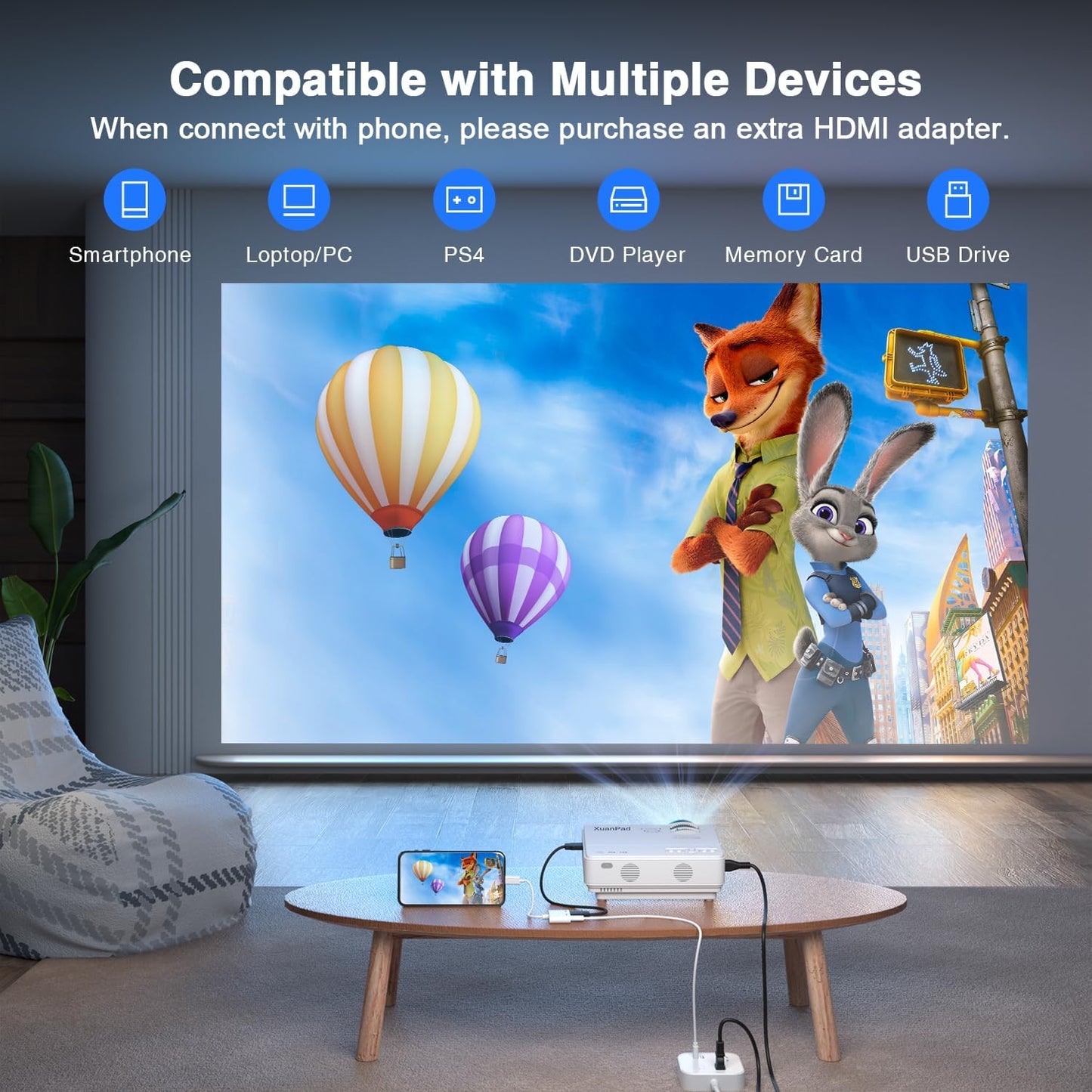 XuanPad Mini Projector, 2024 Upgraded WiFi Bluetooth Projector, Portable Projector HD 1080P Supported, Home Theater Video Projector Compatible with TV Stick/HDMI/USB/AV/Laptop/iPhone/Android