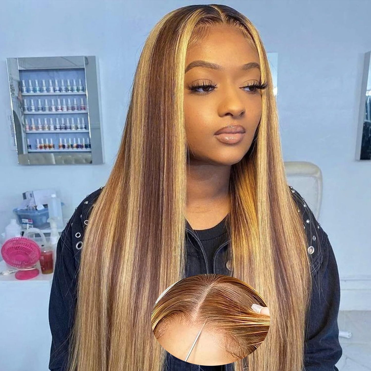 HD Lace Glueless Wig Wear and Go Brazilian Straight Lace Wigs For Women ShowJarlly No Glue 5x5 Lace Pre Cut Wig Human Hair Wigs chocolate brown mixed honey blonde wig 180% Density 18 Inch 4/27