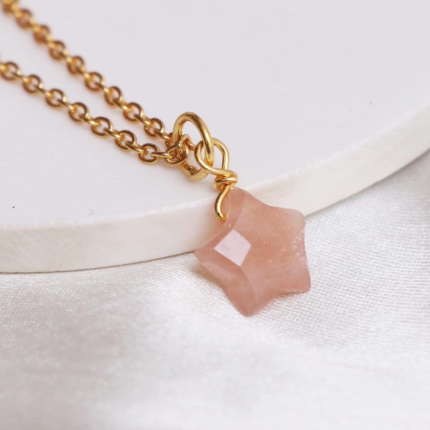 Gempires Natural Peach Moonstone Star Pendant, June Birthstone Necklace, Moonstone Jewellery For Women, Gift for her, 16 + 2 Inch 14k Yellow Gold Plated Adjustable Chain