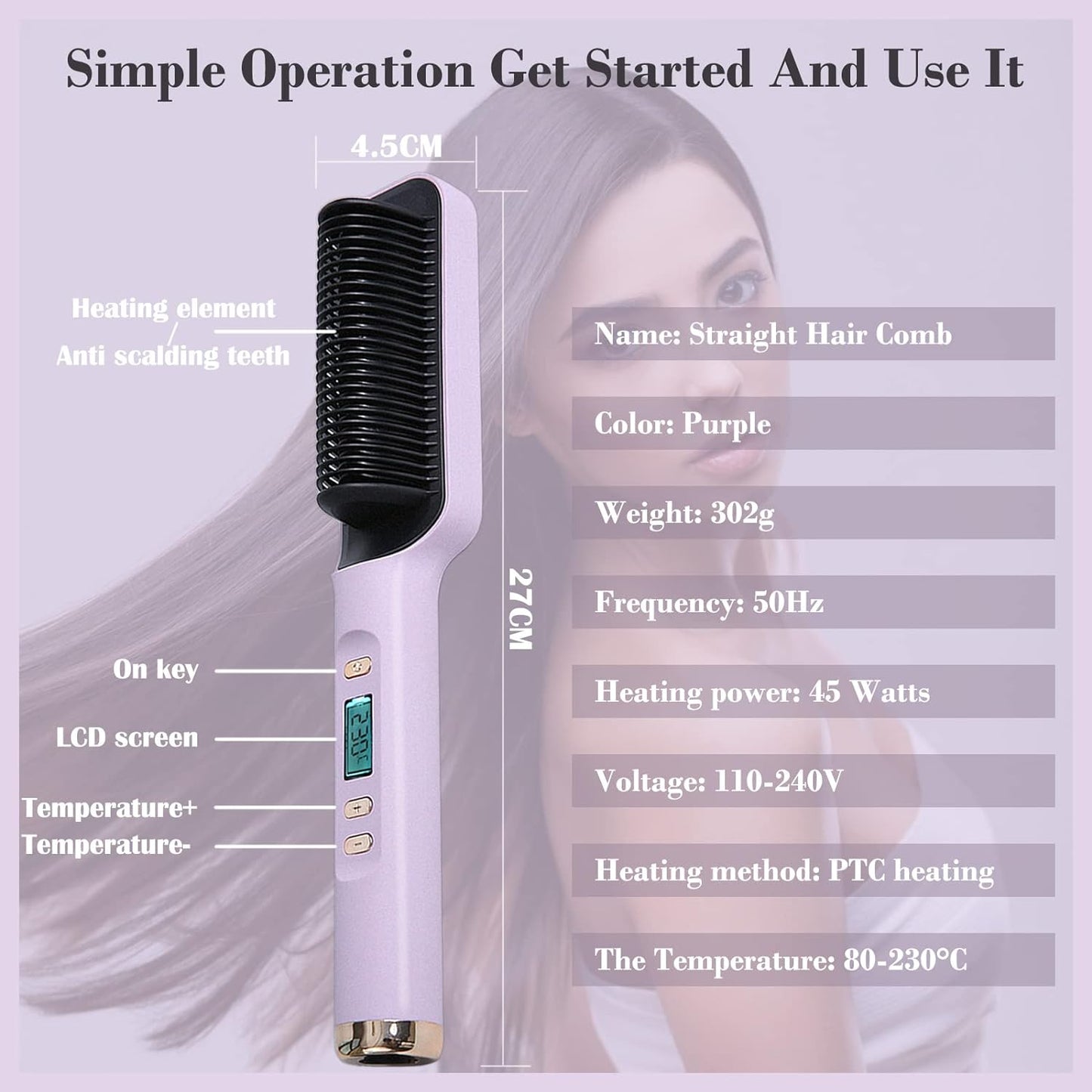 Hair Straightener, Hair Straightener Brush 2 Minutes Fast Heating LCD Display, Temperature Adjustment 80-230°C Smooth Hair Curl, Negative Ion Straightener Comb, 360° Rotating Power Cord(Gray)