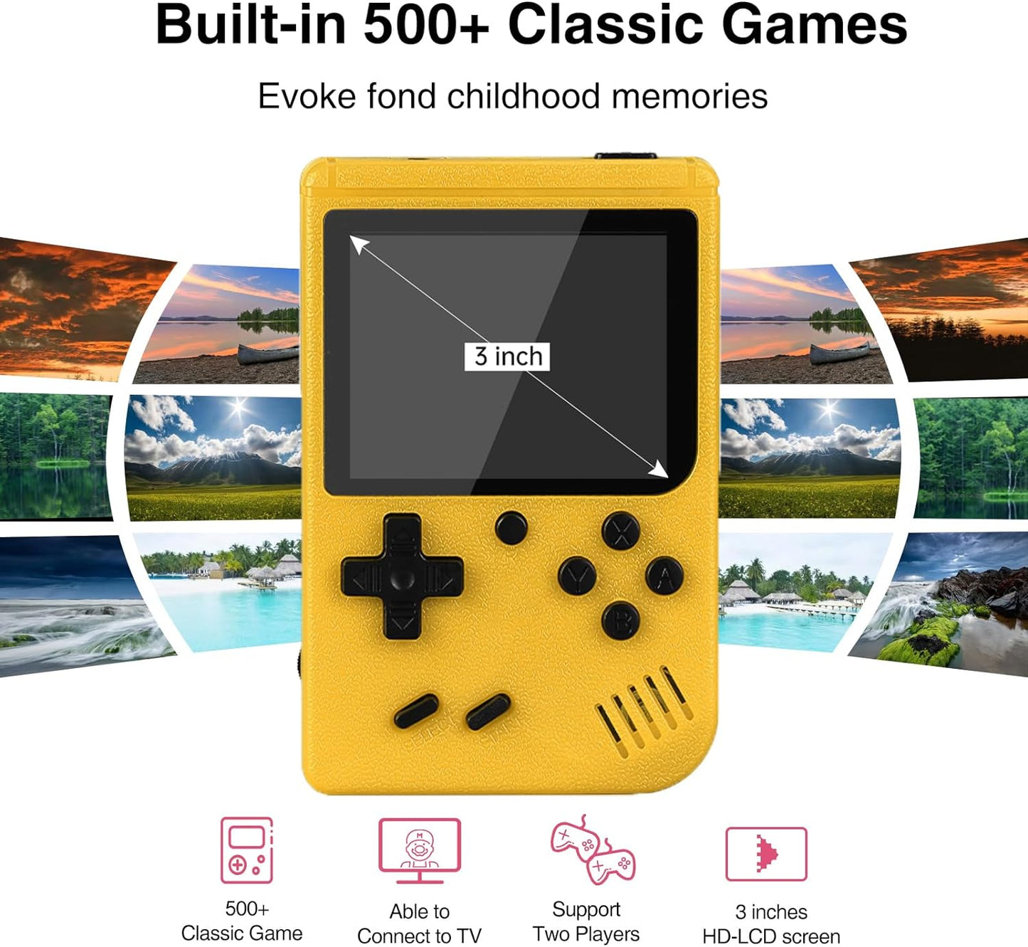 Handheld Game Console, 3.0 Inch Screen, Retro Mini Games Console 500+ Classic FC Games, Support Up to 2 Players & TV Ideal Christmas or Birthday Gift