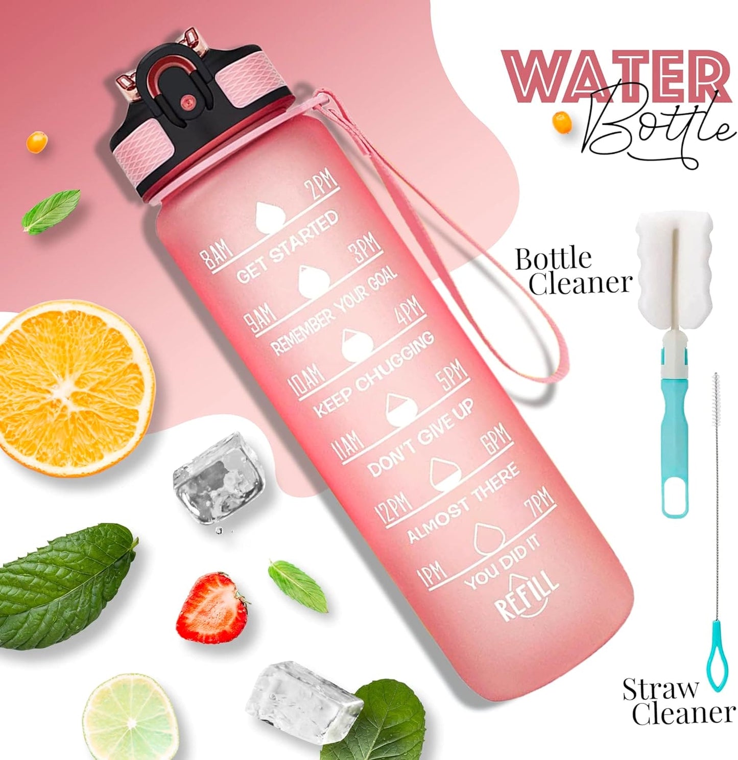 K-MART Water Bottle 1000ml Sports Water Bottle with Motivational Time Marker & Straw, Dishwasher Safe Leak-proof Drink Bottle BPA Free Non-Toxic Tritan Material 1 Click Open for Running Gym