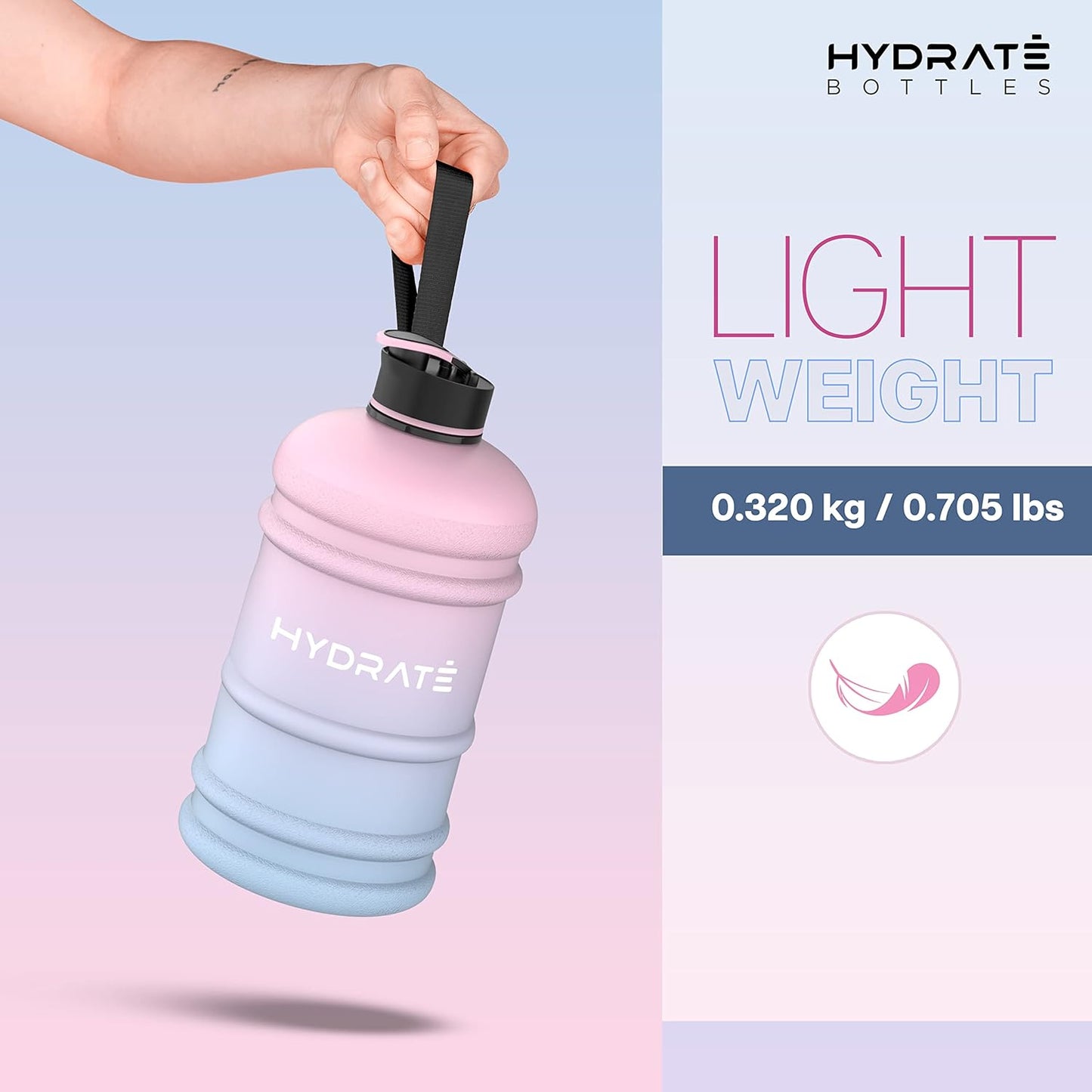 HYDRATE XL Jug Half Gallon Water Bottle with Nylon Carrying Strap & Leak-Proof Flip Cap - 2 Liter Water Jug - Large Capacity for Gym, Workouts, Sports, Running, Jogging, Travel - Matte Nude (74 oz)