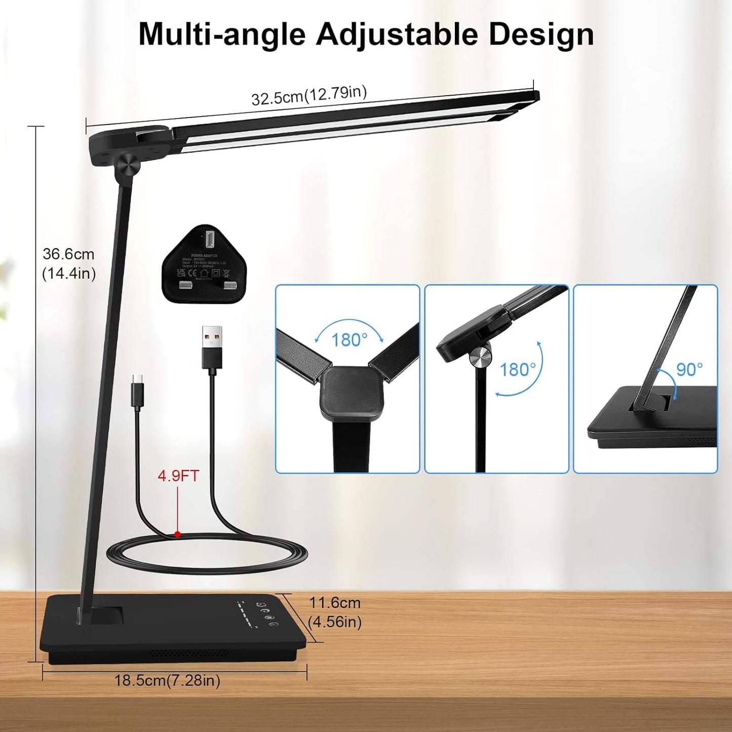 GLITI Desk Lamp Dimmable Table Lamp Foldable Reading Lamp Double Swing Arm Desk Light with USB Charging Port,5 Light Modes, Touch Control, Auto-Off Timer, Eye-Caring Led Desk Lamp for Work (Black)