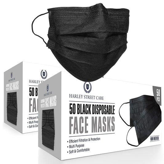 Harley Street Care Disposable Black Face Masks Protective 3 Ply Breathable Triple Layer Mouth Cover with Elastic Earloops - 2 Boxes of 50 pcs each (100 pcs)