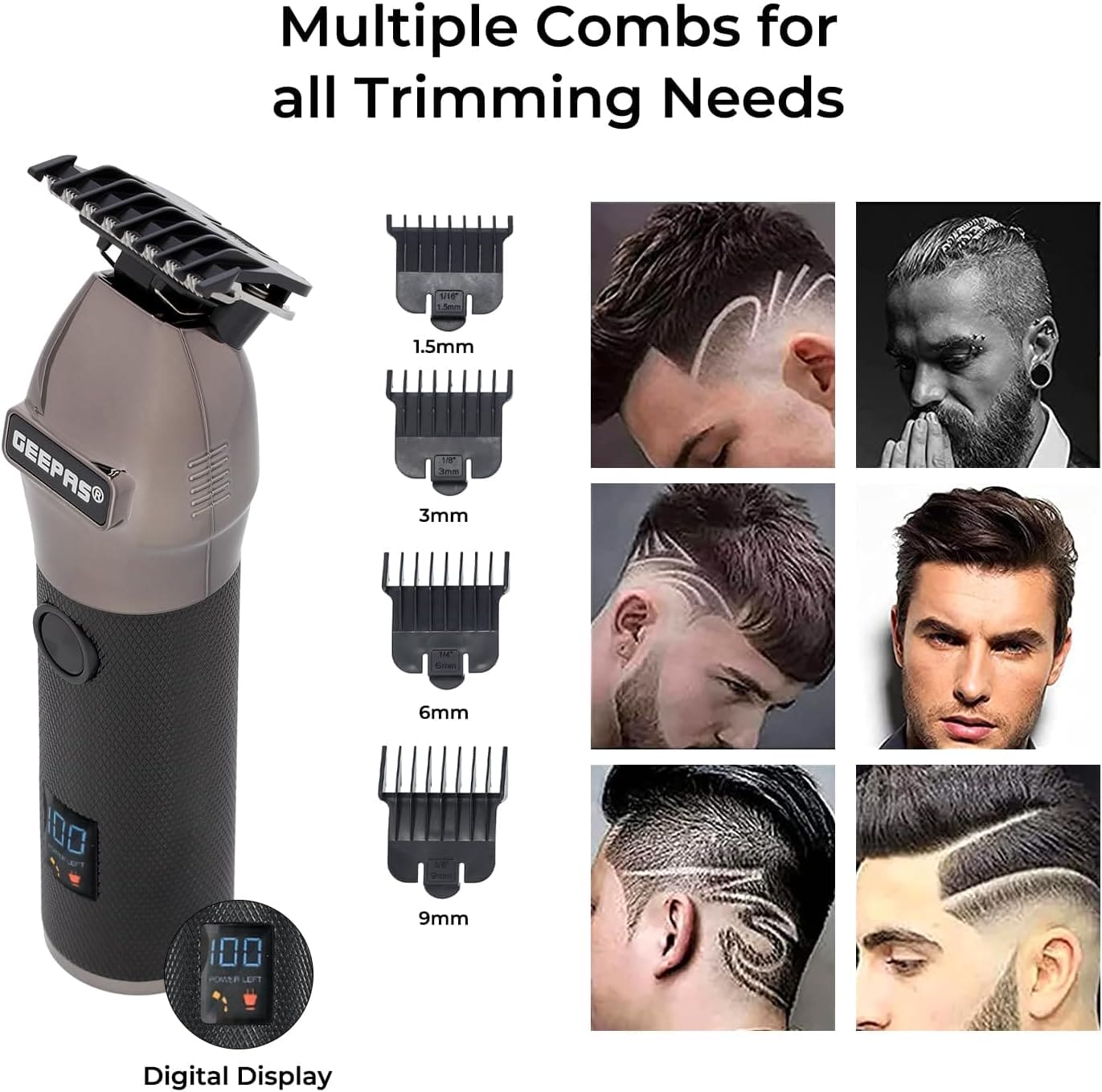 Geepas Hair Clipper – Electric Stubble Beard Trimmer, Hair Clipper – Creates Fine Lines Contours - Cordless Electric Hair Clipper – USB Rechargeable Battery, LED Display – 1.5/3/6/9 mm Guide Comb