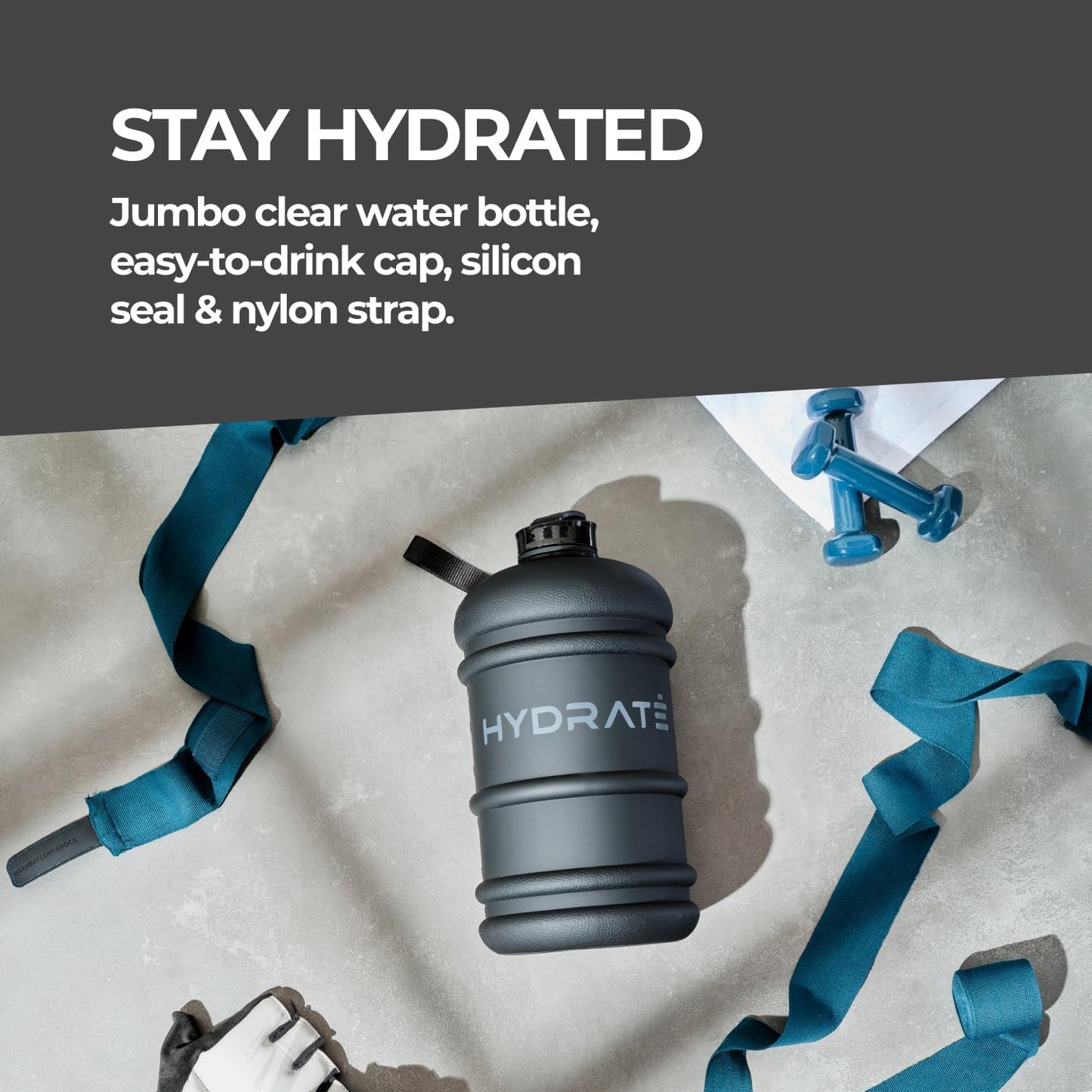 HYDRATE XL Jug Half Gallon Water Bottle with Nylon Carrying Strap & Leak-Proof Flip Cap - 2 Liter Water Jug - Large Capacity for Gym, Workouts, Sports, Running, Jogging, Travel - Matte Nude (74 oz)