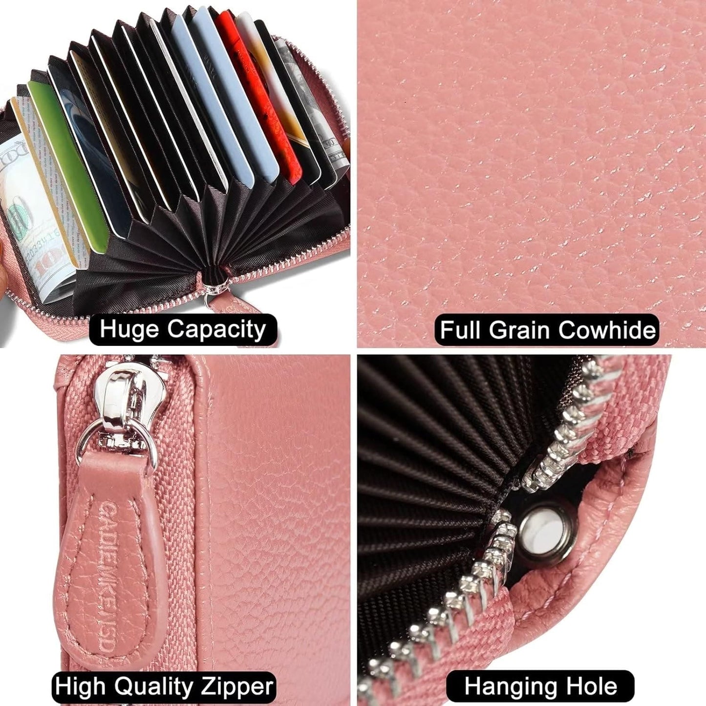 Womens Credit Card Holder Small RFID Blocking Ladies Wallet with Stainless Steel Zipper Excellent Genuine Leather Accordion Wallets Case for Women ID Compact Slim Blocked Zip Accordian Cards Pink