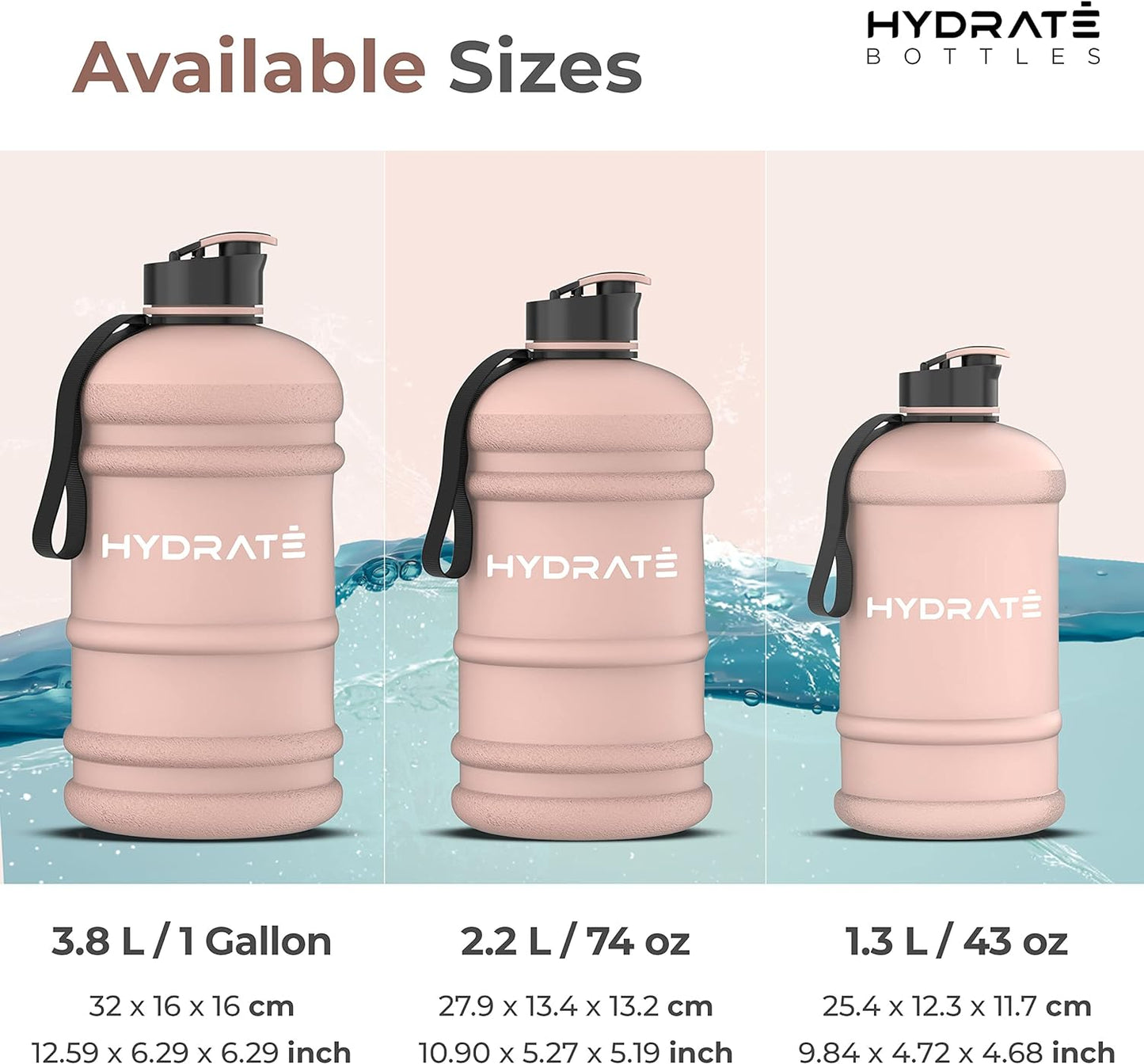 HYDRATE XL Jug Half Gallon Water Bottle with Nylon Carrying Strap & Leak-Proof Flip Cap - 2 Liter Water Jug - Large Capacity for Gym, Workouts, Sports, Running, Jogging, Travel - Matte Nude (74 oz)