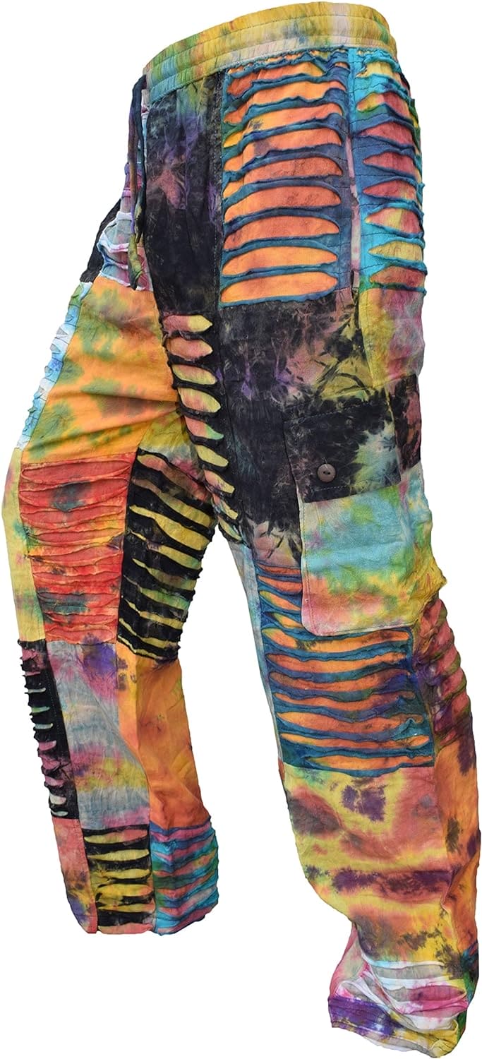 Gheri Mens Tie Dye Patchwork Razorcut Hippie Cargo Lounge Pants