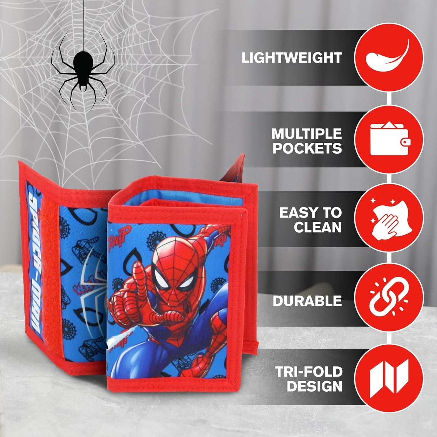 Spiderman Kids Wallet - Spider Symbol Trifold Wallet with ID Pocket and Zipped Coin Purse - Official Marvel Merchandise