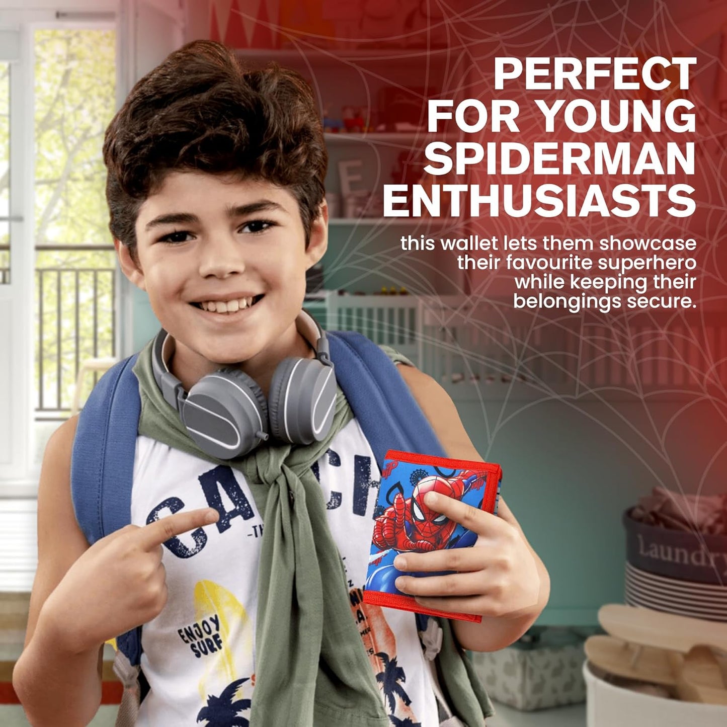 Spiderman Kids Wallet - Spider Symbol Trifold Wallet with ID Pocket and Zipped Coin Purse - Official Marvel Merchandise