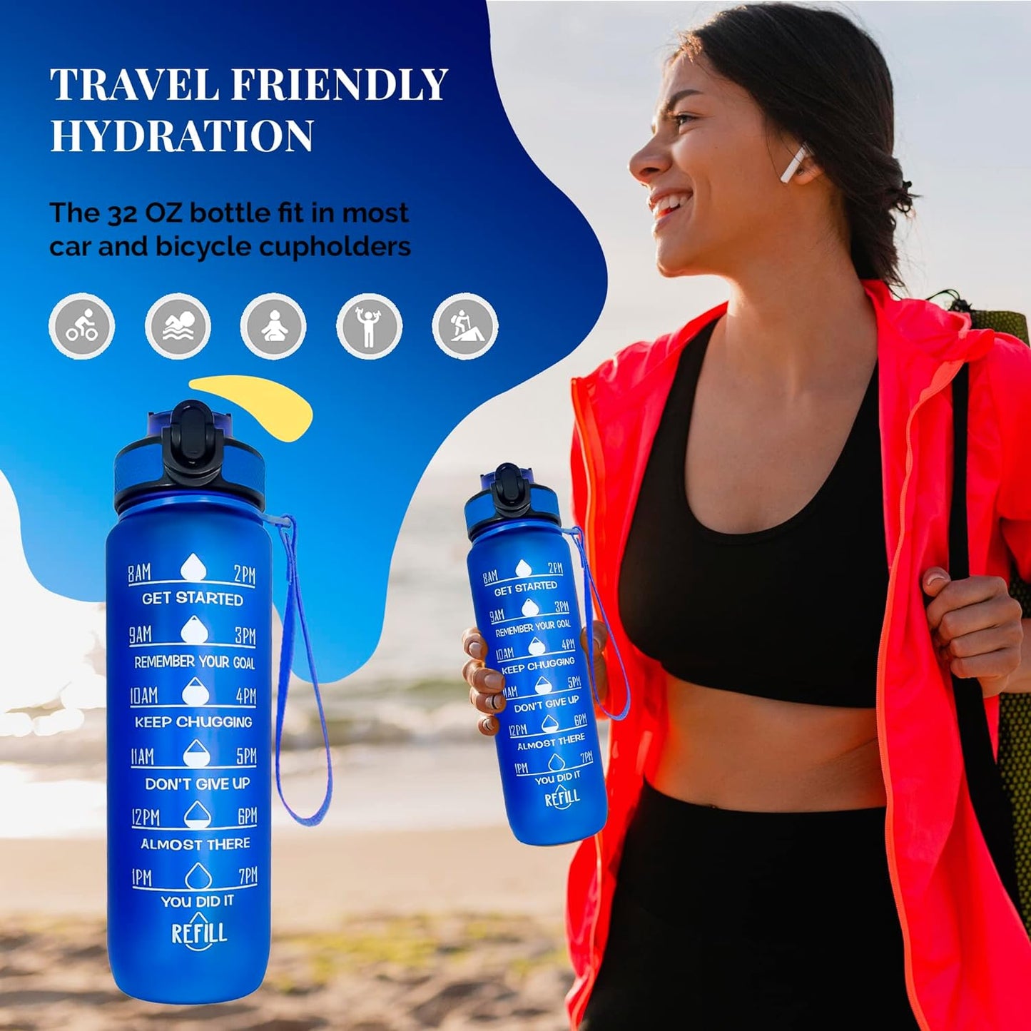 K-MART Water Bottle 1000ml Sports Water Bottle with Motivational Time Marker & Straw, Dishwasher Safe Leak-proof Drink Bottle BPA Free Non-Toxic Tritan Material 1 Click Open for Running Gym